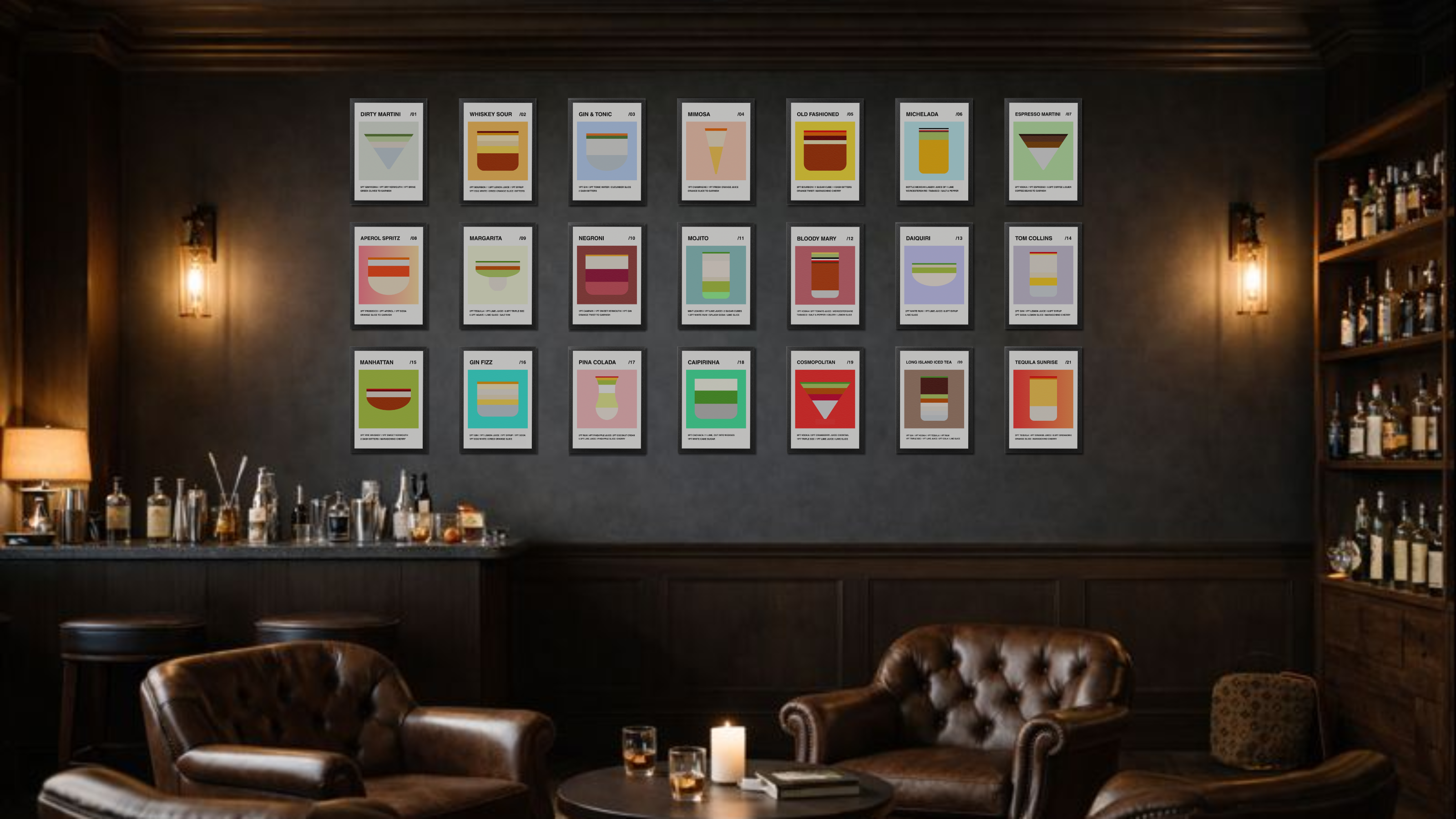 Bar interior with dark walls, chairs and the full framed A4 Blocktail print series on the wall.